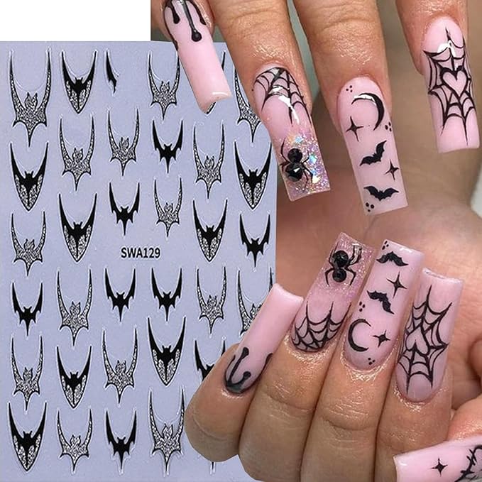 6 Sheets Halloween Nail Art Stickers 3D Self -Adhesive Bat Nail Decals Holographic Hot Stamping Gold Silver Bat Nail Stickers Halloween French Nail Decoration for Women Manicure Supplies