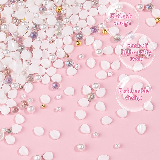 500Pcs Flower Nail Charms Kit, 400Pcs 3D White Flowers Petals and 100Pcs Round Pearls with Gold Metal Caviar Beads Bubble Beads, Cherry Blossom Petal Tiny Gems Mixed Rhinestone for Nails DIY