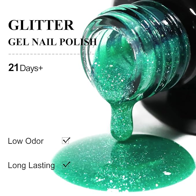 Imtiti Glitter Gel Nail Polish, Sheer Shimmer Glitter Green 3 in 1 Gel Polish Color Soak Off UV LED Spring Summer Nail Gel Polish Nail DIY Art Starter Manicure Salon, 0.5 Fl Oz