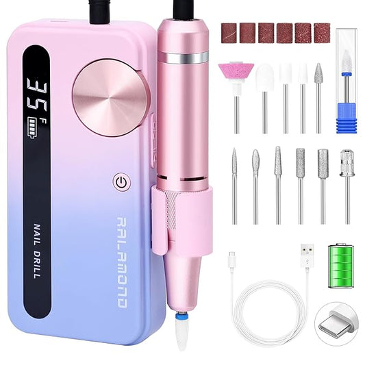 Nail Drill Professional, 35000 RPM Cordless for Acrylic Nails, Electric Nail Drill Machine with Bits, Portable Rechargeable Nail File Manicure for Salon & Home (Multicolor)