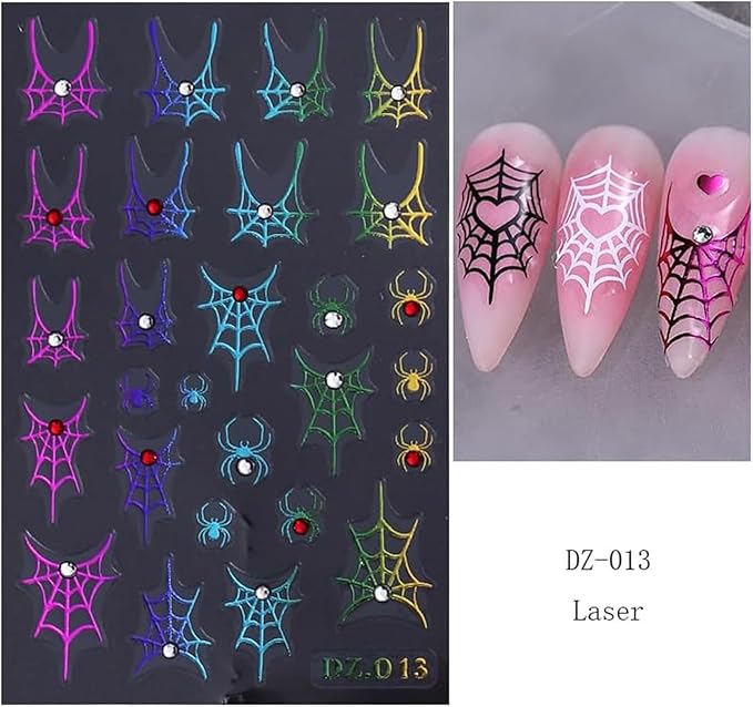 4PCS Halloween Nail Art Stickers Decals Colorful Spider Web Spider Nail Decals with Rhinestone Spider Web Spider Bow Heart Nail Art Design Cute Halloween Nail Supplies for Women Manicure Decorations