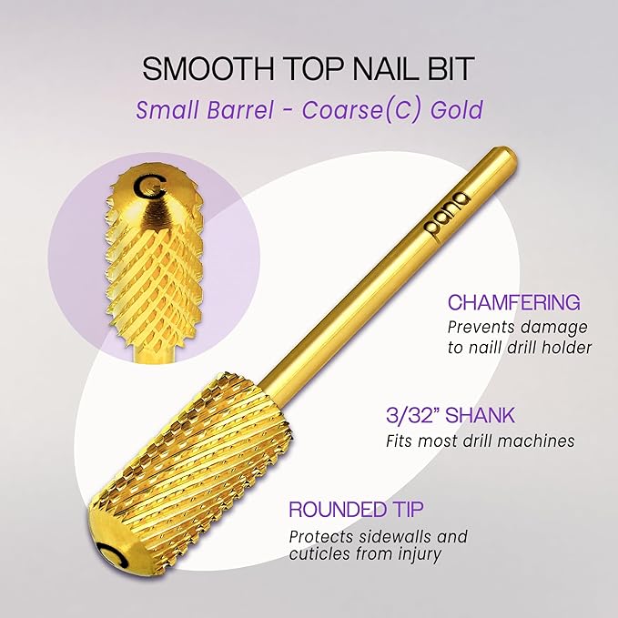 PANA 3/32" Small Smooth Round Top Safety Carbide Nail Drill Bit for Gel Polish & Acrylic Removal Nail Salon Manicure Pedicure Electric File Tools (Small Barrel - Gold, Coarse)