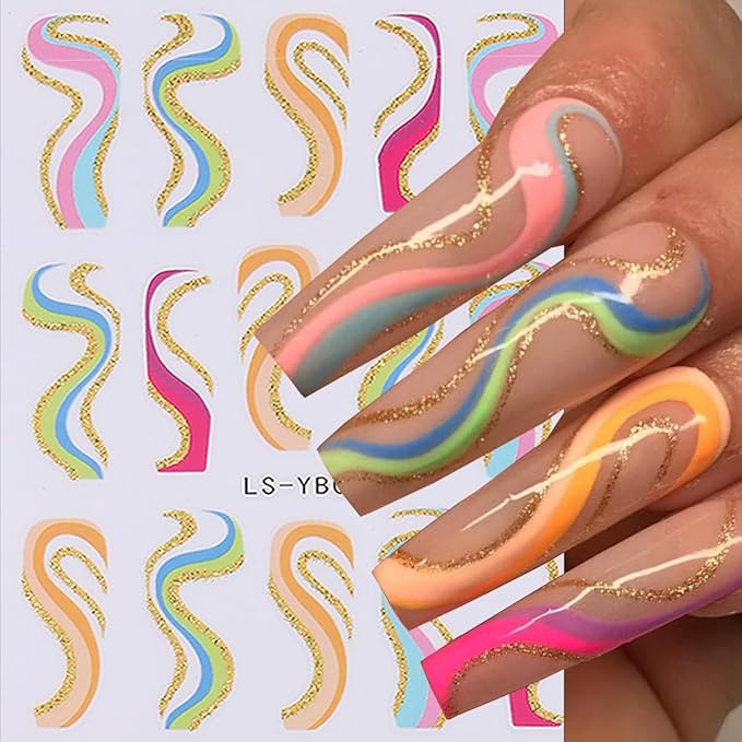 6Sheets Color French Nail Art Stickers 3D Self-Adhesive French Tip Line Nail Decals Colorful Geometric Curve Stripe Nail Stickers French Nail Tips Guides Nail Art Supplies for Women DIY Manicure Charm