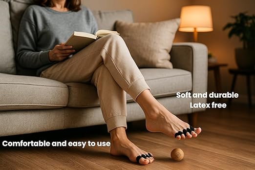 Toe separators kit with resistance band and massage ball - Includes latex free spacers, bunion corrector, cork massage ball, and cotton bag. Enhance toe alignment, ease plantar discomfort, and foot pain.
