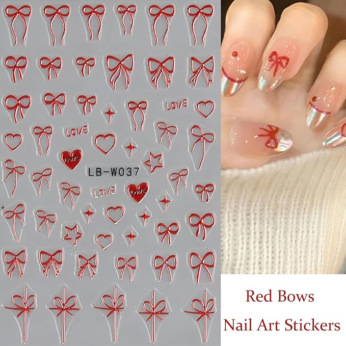 Bows Nail Art Stickers Heart Nail Decals Pink White Red Nail Stickers Bow Tie with Design Nail Decals for Nails Art Valentine's Day Manicure DIY for Women Girls Acrylic Nails Supplies