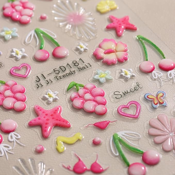 1pcs Summer Nail Stickers for Nail Art Embossed Nail Decals 5D Flowers Dolphins Starfish Shell Jellyfish Mermaid Tail Design Butterfly Lemon Nail Stickers Ocean Beach Acrylic Nail for Women