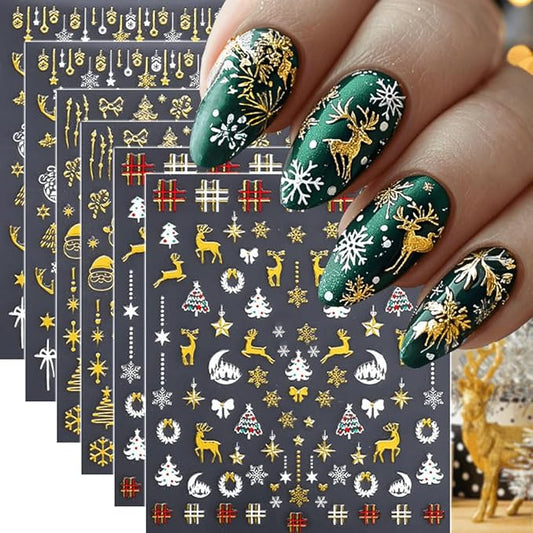6Pcs Christmas Nail Stickers 3D Golden Christmas Tree Deer Nail Stickers for Nail Art DIY Self Adhesive Nail Decals Gold Bow Snowflake Nail Decoration Supplies Holiday Manicure Accessories for Women