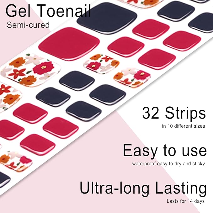 Semi Cured Gel Toenail Strips, 32 Rose & Sapphire Flower Gel Toenail Stickers - Works with Any UV Lamps Pedicure Strips Full Nail Wraps with Nail File & Wood Stick