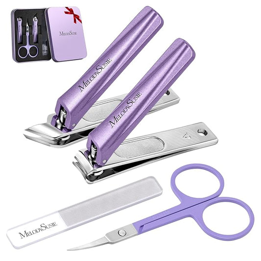 MelodySusie Nail Clippers Set 4 in 1, Ultra Sharp Toenail Clippers with Glass Nail File Cuticle Scissors, Stainless Steel Nail Clippers for Women, Fingernail Clipper Cutter Manicure Set Gifts, Purple