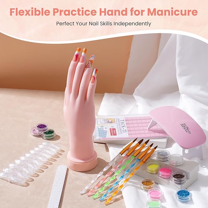 Nail Kit for Beginners with Everything: Practice Hand Acrylic Nail Set Professional Powder Drill Liquid Starter Kits with U V Lamp in Cosmetic Gift Bag for Women Salon Home (Sliver)