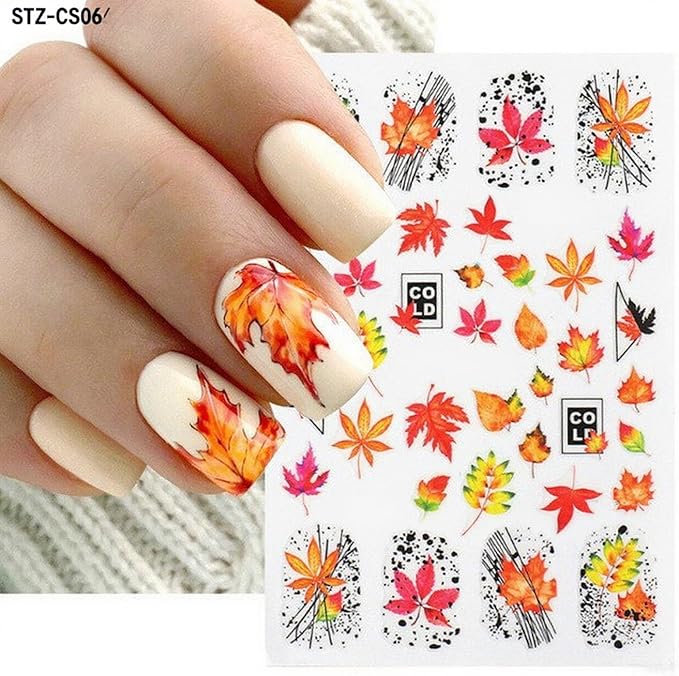 6Pcs Fall Nail Stickers Maple Leaves Nail Decals DIY Self Adhesive Thanksgiving Nail Design Autumn Nail Decoration Supplies Manicure Accessories for Women Girls