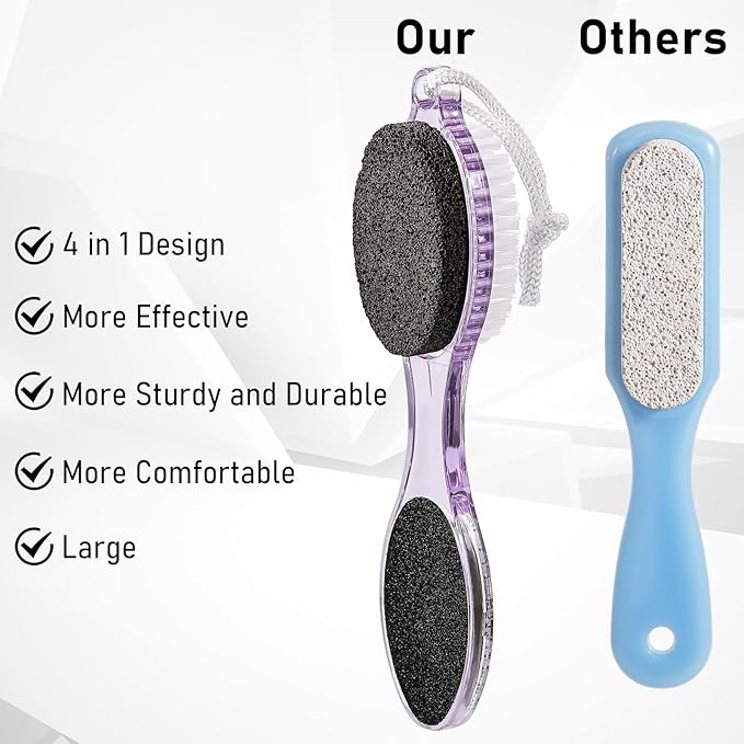Pumice Stone Brush for Feet 4 in 1, Foot File Callus Remover, Foot Rasp and Sand Paper Pedicure Tools with Handle, Shower Foot Scrubber, Soft Smooth Feet for Home Foot Care,4 Pack