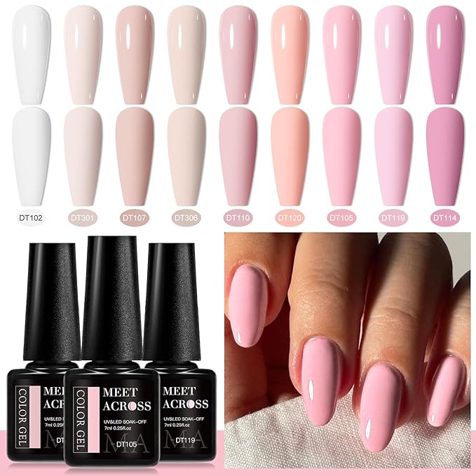 MEET ACROSS 12pcs Gel Nail Polish Set,Soak Off UV LED Lamp Gel Nail Polish Kit,Fashion Shimmer Nail Art Design Gifts for Women Manicure Salon (Pink-1)