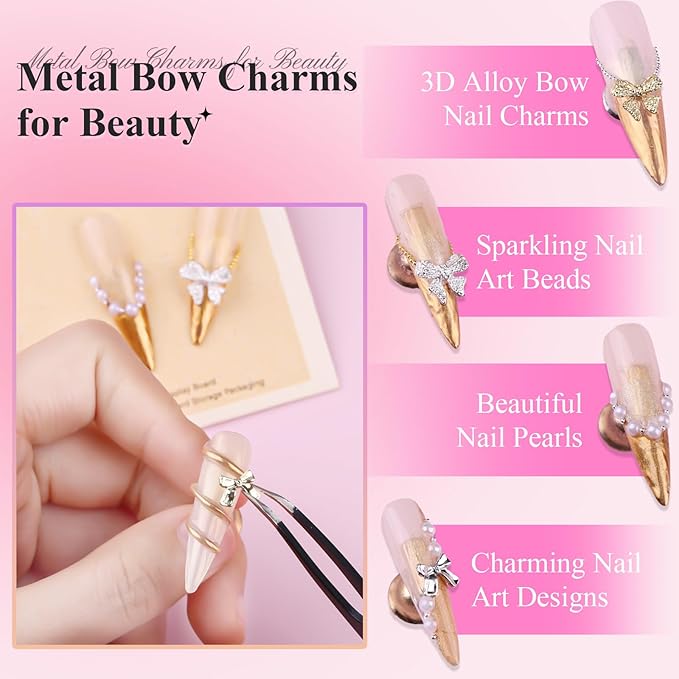 3D Metal Bowknot & AB Pearl and Mini Beads Nail Art Kit - Gold/Silver Alloy Bowknot, 1-2mm Stainless Steel Caviar Beads, 3mm Half Pearls for Professional Salon & DIY Manicure Jewelry Designs (Set 1)