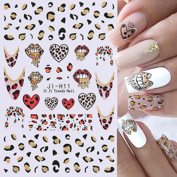 4Sheets Leopard Print French Tip Nail Art Stickers 3D Hibiscus Flower Nail Decals Self-Adhesive Leopard Print Nail Stickers with Glitter Design Lips Heart Sticker for Women Nails Decor