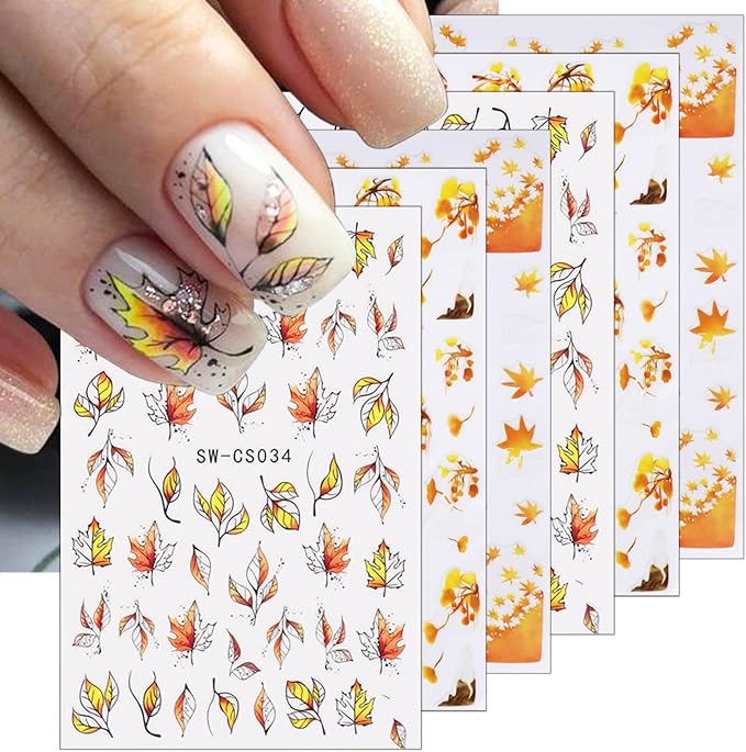 6 Sheets Fall Maple Leaf Nail Stickers Thanksgiving Nail Art Stickers 3D Self-Adhesive Gold Maple Leaves Nail Decals Autumn Fallen Leaves Ginkgo Leaf Nail Decoration for Women Girls Nail Art Designs