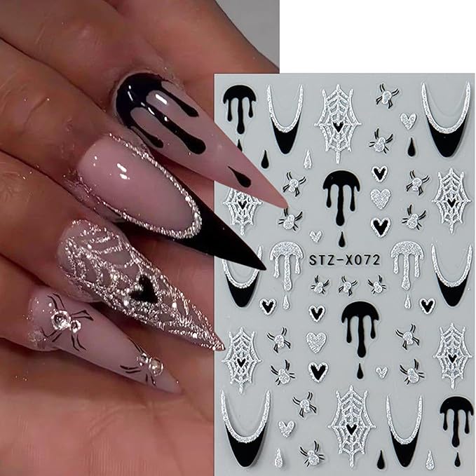 4 Sheets Halloween Nail Decals for Nail Art 3D Spider Web Nail Art Stickers with Diamond Designs Self-Adhesive French Tip Glitter Bat Nail Sticker Skeleton Butterfly Nail Decal for Women Nails Decor