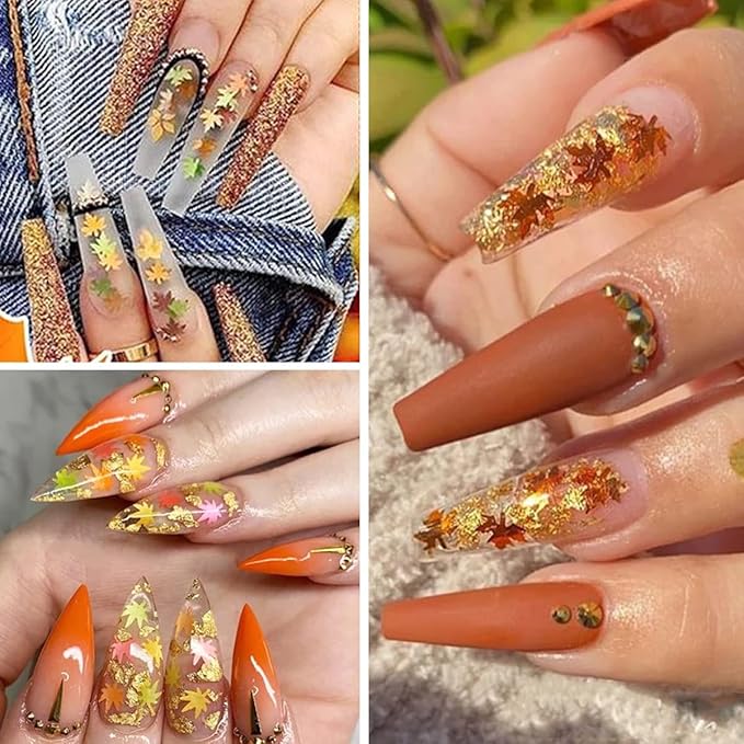 12 Grids 3D Maple Leaf Nail Glitter Sequins Fall Nail Art Stickers Decals Holographic Laser Red Gold Yellow Orange Fall Glitter Leaves Designs Autumn Nail Charms Thanksgiving Nail Art Decorations