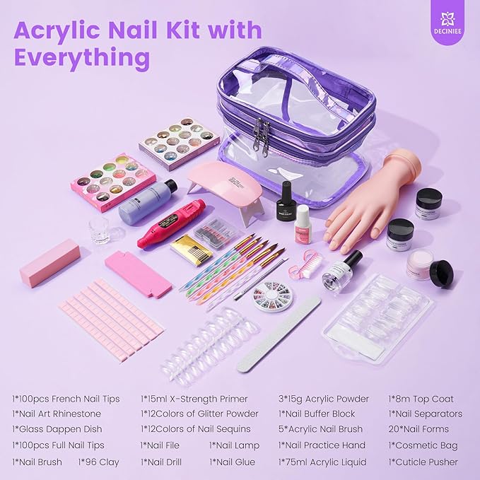 Nail Kit for Beginners with Everything: Professional Nail Acrylic Powder Liquid Set with Practice Hand Drill U V Light in Cosmetic Bag for Women Salon Home(Purple)
