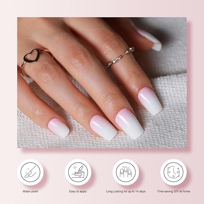 Semi Cured Gel Nail Strips, 20 PCS Gel Nail Stickers Work with UV Light, Salon Quality & Easy to Use - Gradient Pink
