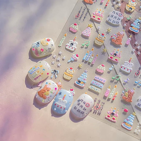 Christmas Tree Nail Stickers 3D Birthday Cake Candle Nail Art Stickers Letter Number Bear Nail Decals Self Adhesive Design Sticker Holiday Nail Art Decoration for Girls Women Manicure Accessories