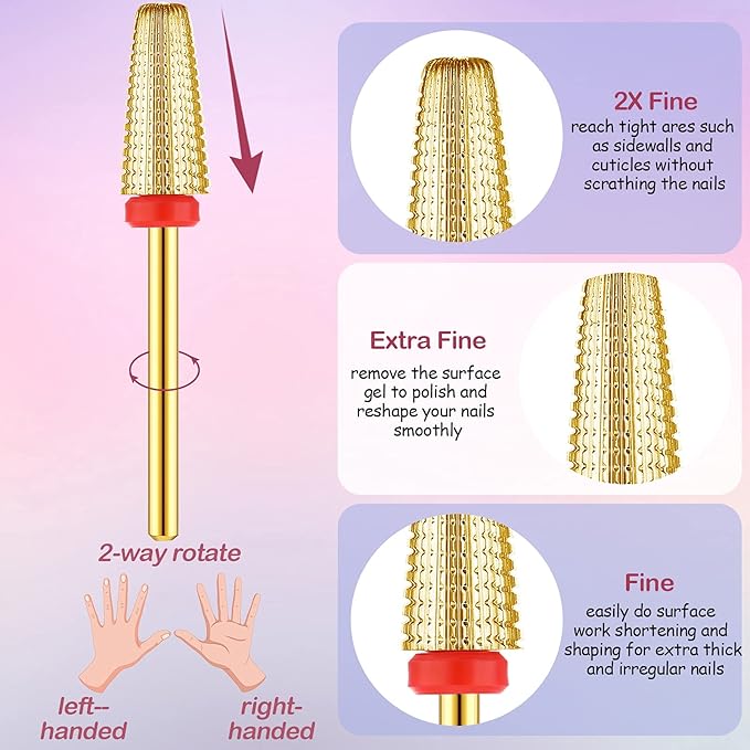Outus 3 Pieces Nail Carbide 5 in 1 Tapered Barrel Carbide Nail Drill Bit Set, 3/32 Inches Cone Shape Bit for Acrylic or Gel Remover (Golden)