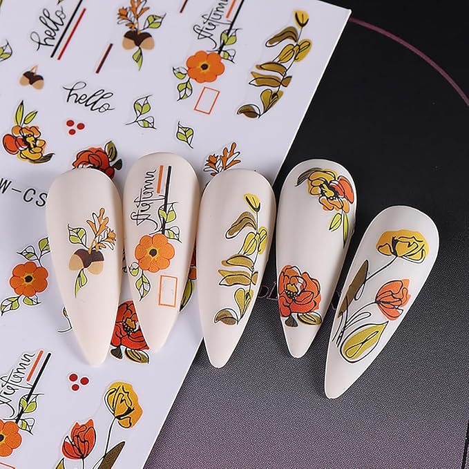 8 Sheets Pumpkin Nail Decals for Thanksgiving Art Stickers - Autumn Fruit Flower Leaf 3D Self-Adhesive Fall Decoration Supplies for Women Girls