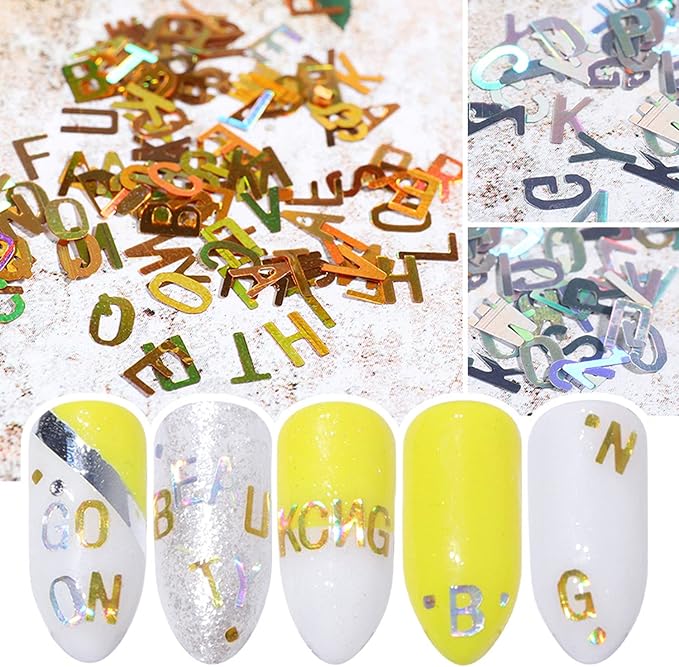 Letters Glitter Nail Art Sequins, Holographic Laser 3D Sparkly Nail Flakes Design, Alphabet Numbers Acrylic Nails Supplies for Women Girls Manicure Charms Decorations DIY Resin Nail Art Tips Crafts