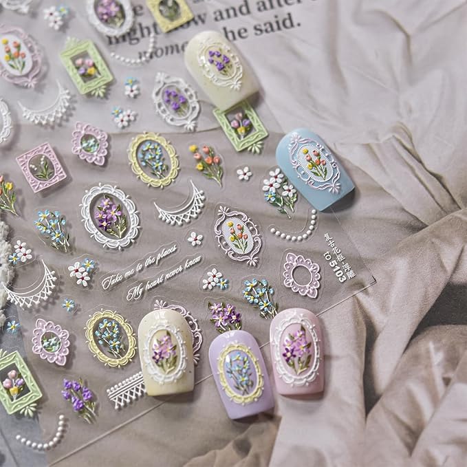 1 Sheets 5D Retro Flower Nail Art Stickers Spring Summer Floral Nail Decals Embossed Picture Frame Tulip Nail Design Supplies Colorful Daisy Nail Stickers for Women DIY Acrylic Nail Accessories