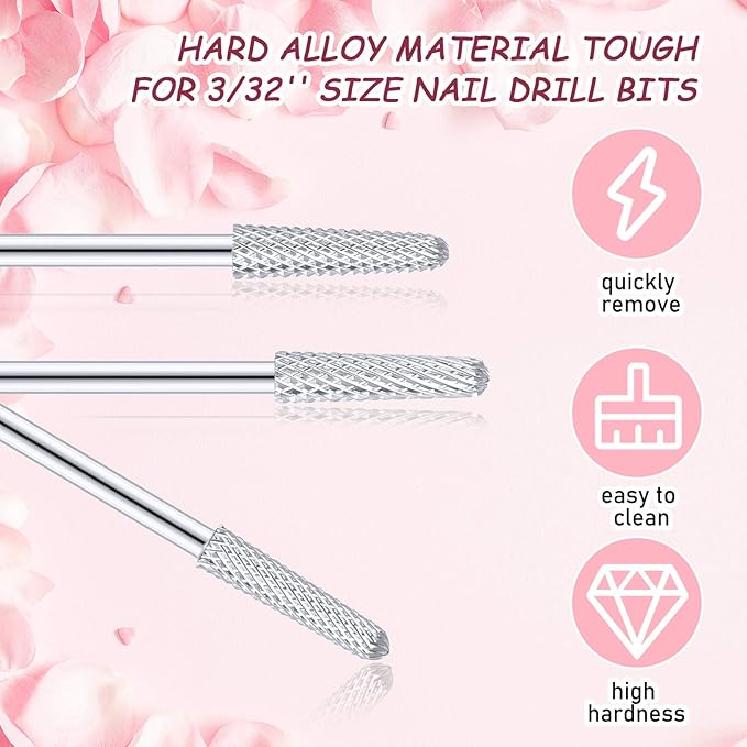 3 Pieces Nail Drill Bits Cone Shape Carbide Nail Drill Bits for Manicure Pedicure Tools Machine, 3/32 Inch Shank Size, Grit Size XF, F, M (Silver)