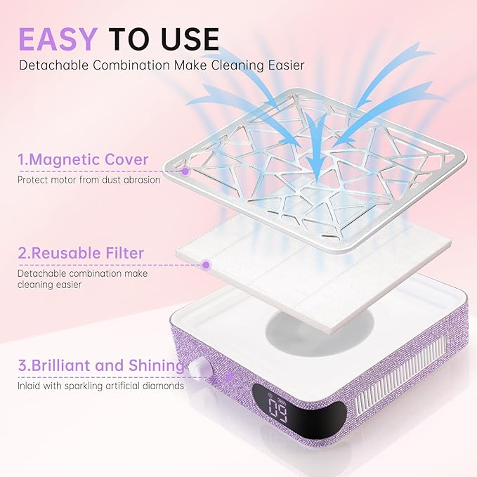 Nail Dust Collector, Powerful Vacuum Fan Vent Dust Collector Extractor Dust Suction Machine for Acrylic Nails Polishing, Nail Salon&Home, Purple Diamond