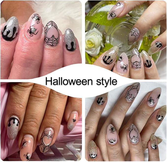 8 Sheets Halloween Nail Art Stickers 3D Self-Adhesive Shiny Gold White Silver Spider Web and Spider with Glitter Nail Art Design Sticker Festival Spiders Nail Stickers for DIY Manicure Decoration