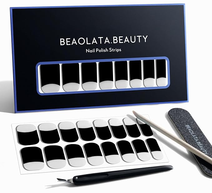 Nail Polish Strips, 32PCS Salon Quality Wraps, Long Lasting Gel Nail Stickers for Women Easy Apply& Remove (Playing Black)