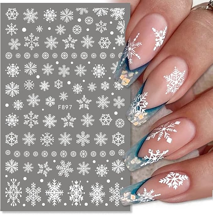 8 Sheets 3D Snowflake Nail Art Stickers Winter Christmas Nail Decals Glitter White Silver Snowflake Nail Stickers Self Adhesive Xmas Snow Nail Design Holiday Christmas Nail Decoration for Women Girls