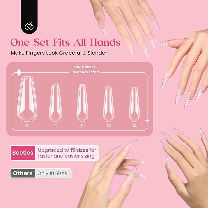 Beetles Gel Nail Tips Upgraded 15 Sizes Long Coffin Gel Nail Tips 630Pcs Pre-Shaped Clear Full Cover False Nails Easy Nail Extension for Gel Nail Polish Gift for Women