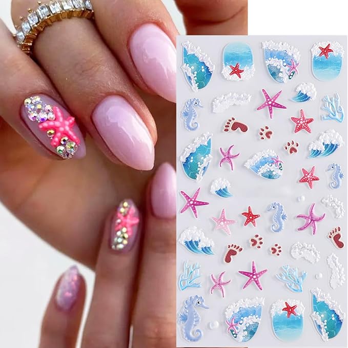 1 Sheets Ocean Style Nail Decals for Nail Art Embossed Coral Seahorse Starfish Nail Art Stickers Summer Beach Nail Stickers 5D Self-Adhesive Sea Waves Nail Decoration for Women Nails Designs