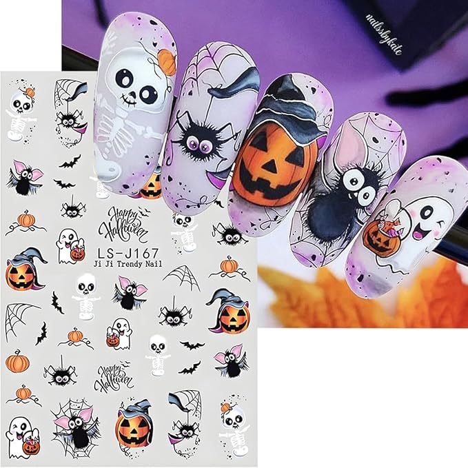 Halloween Nail Art Stickers 3D Pumpkin Flower Ghost Nail Stickers 6PCS Skull Ghosts Virus Leaf Bat Halloween Nails Design Adhesive Decals Manicure Nail Art Accessories Sliders for Women DIY Nail Art