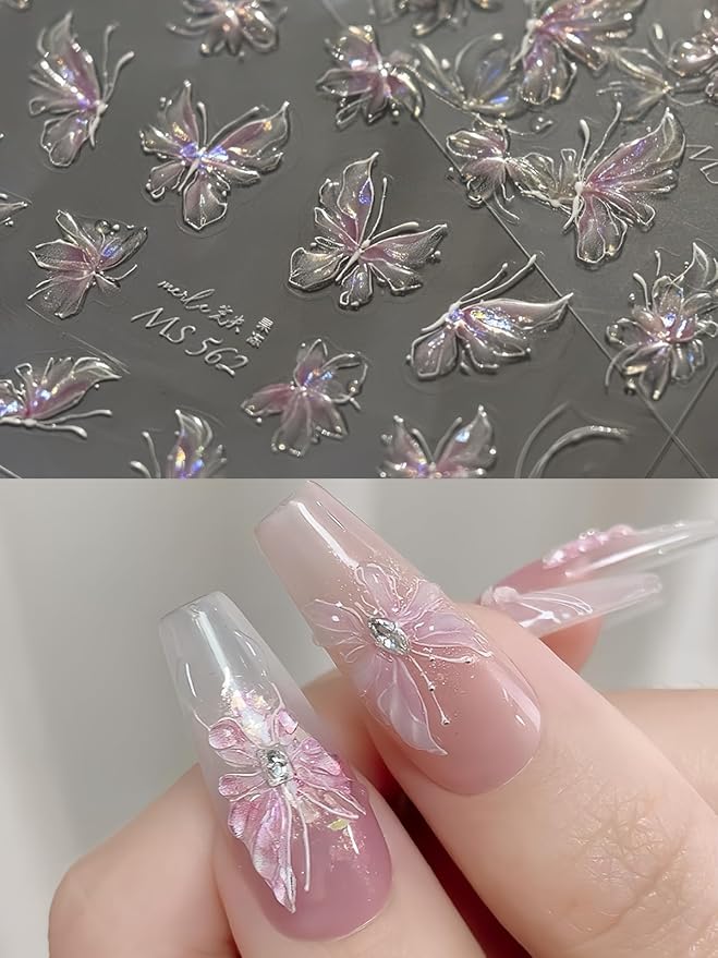 Butterfly Nail Stickers 5D Embossed – Premium Salon-Quality Nail Charm Accessories, Easy Application & Self-Adhesive Pink Butterflies Decal for DIY Manicure, Nail Art, Press on, Home or Salon Use