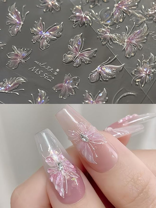Butterfly Nail Stickers 5D Embossed – Premium Salon-Quality Nail Charm Accessories, Easy Application & Self-Adhesive Pink Butterflies Decal for DIY Manicure, Nail Art, Press on, Home or Salon Use