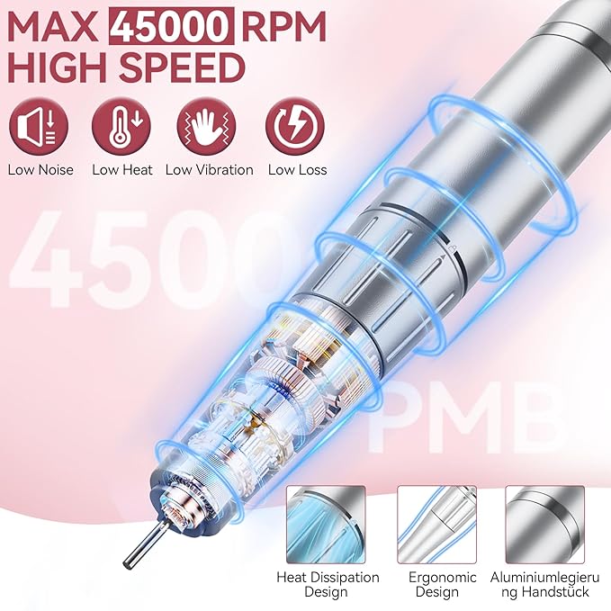 Nail Drill, Professional 45000RPM Electric Nail File with 12 Drill Bits Remover Gel Nail Polish Acrylic Nails Manicure for Salon Home(Pink)