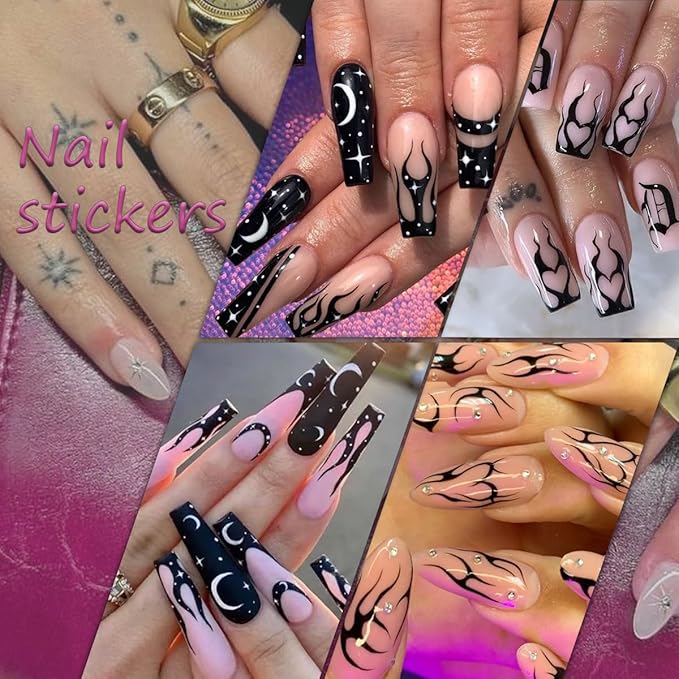 10 Sheets Snake Nail Art Stickers Sheets Black White Nail Decals Star Moon Eye Rose Leaf Flame Nail Art Supplies Butterfly Acrylic Nail Supplies 3D Goth Snake Nail Design Stickers for Women DIY Nail