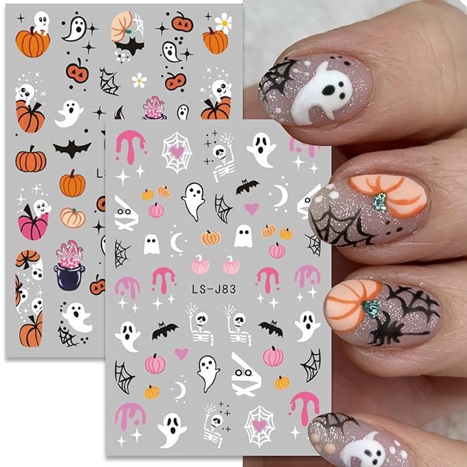 12sheet Halloween Nail Art Stickers Decals Cute Ghost Pumpkin Nail Stickers for Nail Art with Mummy Spider Web Cat Bat Design Nail Stickers 3D Self-Adhesive Nails Supplies for Women Manicure Decor