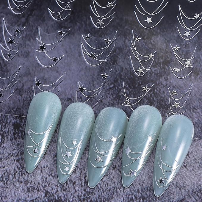 2 Sheets Star Nail Decals with Line Design, Gold Silver Star Nail Design Stickers, 3D Self-Adhesive Nail Stickers for Women DIY Daily Manicure Decoration Supplies Acrylic Nails Decoration