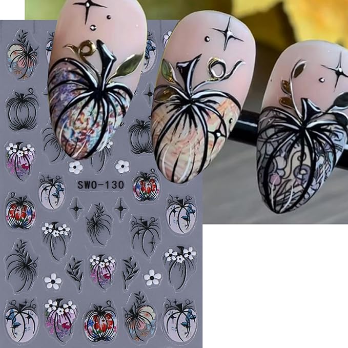 Pumpkin Nail Art Stickers 3Sheets 5D Embossed Nail Stickers Cute Pumpkins Leaves Flowers Design Nail Decals Fall Self-Adhesive Nail Supplies for Women Halloween Thanksgiving Day Nail Decoration