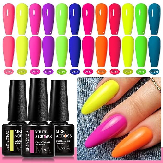 MEET ACROSS 12PCS Gel Nail Polish Set, 12 Colors Gel Nail Kit Art Design Soak Off UV LED,Nail Art Design Gifts for Women (SET-1, 12PCS)