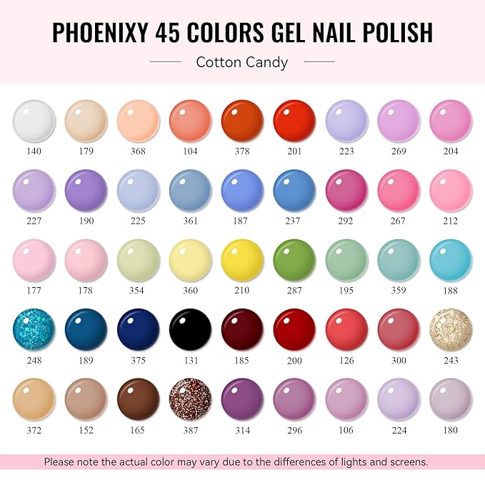 phoenixy Gel Nail Polish Kit with U V Light 64 Pcs Gel Nail Set 45 All Seasons Colors Nail Polish Set Base & 4 Effects Top Coat Manicure Tools Complete Nail Kit Gifts for Women Girls