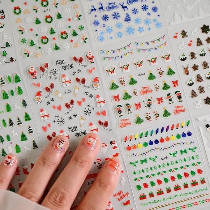 30PCS Christmas Nail Art Stickers Decals 3D Self-Adhesive Xmas Nail Decals Nail Art Supplies Xmas Tree Santa Claus Elk Cartoon Christmas Nails Design Adhesive Stickers for Women DIY Nail Decorations