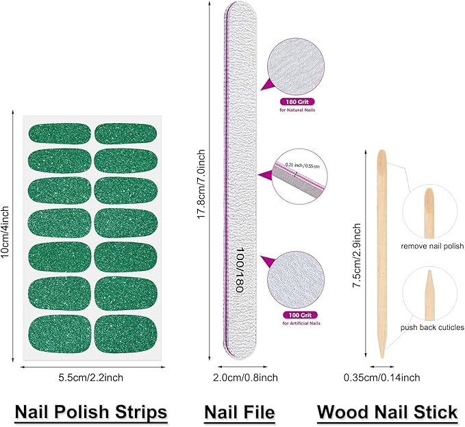 DANNEASY 16 Sheets Green Nail Wraps for Women Full Nail Polish Stickers Fresh Color Self Adhesive Nail Polish Strips Glitter Nail Strips Gel Fingernail Sticker Nails with File, Cuticle Stick
