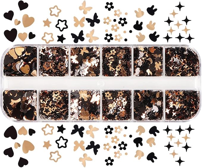 Nail Art Glitter Flakes, Mixed 2 Colors Black Gold Glitter Nail Sequins Designs, Heart Butterfly Stars Rabbit Nail Supplies for Women Manicure Charms Decorations, DIY Sparkly False Nails Crafts