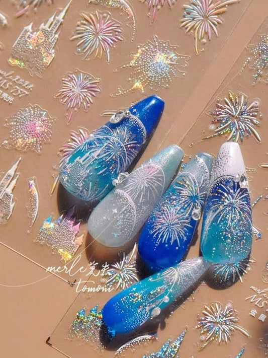 Fireworks Nail Stickers 5D Embossed – Premium Salon-Quality Nail Charm Accessories, Easy Application & Self-Adhesive Pink Festival Theme Park Sticker, DIY Manicure, Nail Art, Press on, Home or Salon